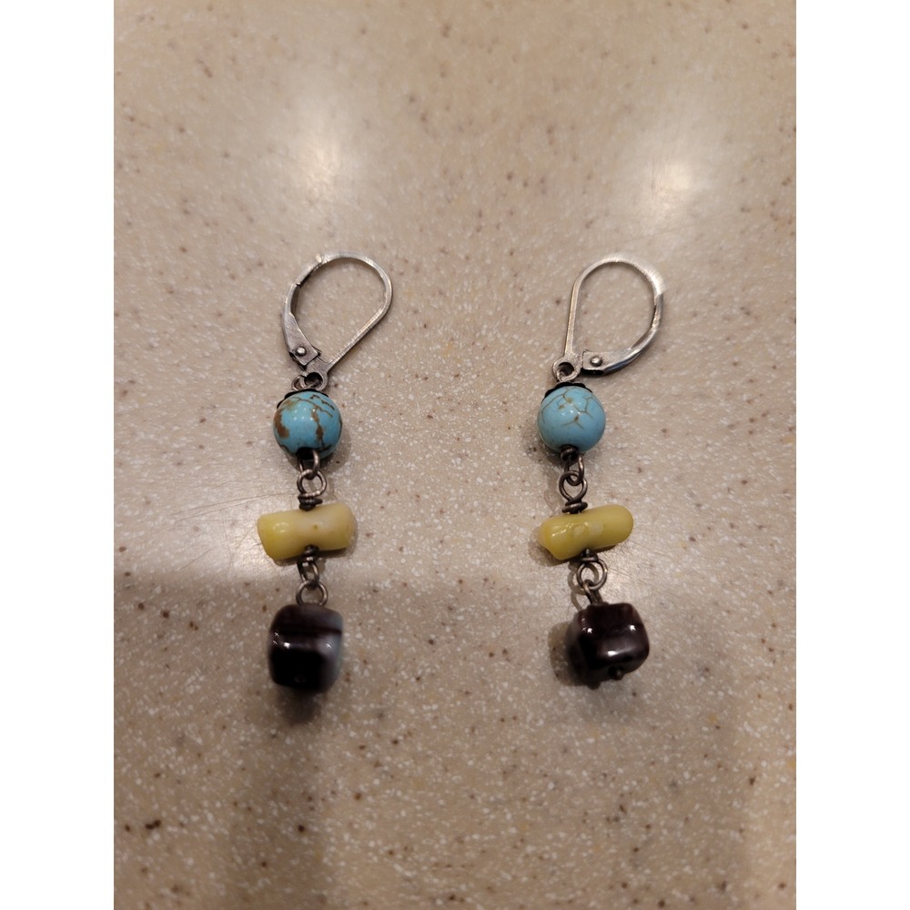 Boho Tiered Stone Glass Bead Drop Earrings Turquoise Yellow Brown Leverback
